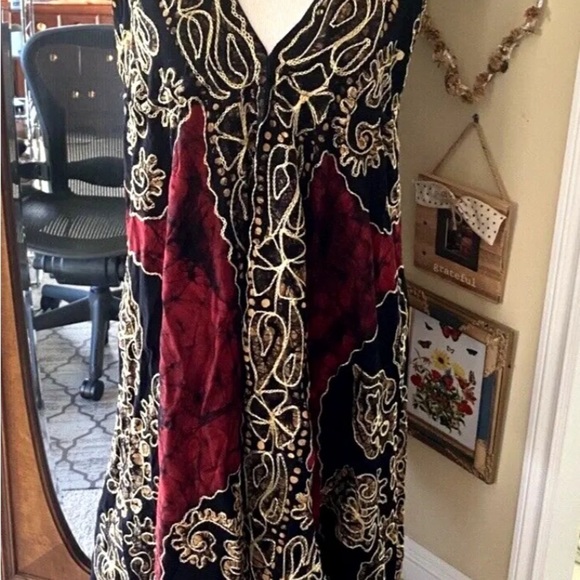 NWT Mamta One Size Dress Maxi Halter Embroidered Made in India Red Black - Picture 2 of 8